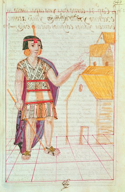 رسم توضيحي من "التاريخ وعلم الأنساب الملكي لملوك الإنكا في بيرو ، لأفعالهم وعاداتهم وأزيائهم وطريقة حكومتهم" ، والمعروفة باسم Codice Murua (الرق) بواسطة المدرسة الاسبانية