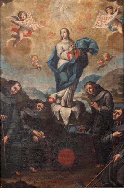 الحبل بلا دنس مع الفرنسيسكان البستاني. أصل الجوقة. وقعت أسفل اليسار "ADEVOZION DE DA TERESA، Sanchez Yepros؟". القرن ال 18. خوان سانشيز. بواسطة المدرسة الاسبانية