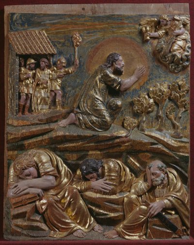 Jesus in the Garden of Gethsemane, detail of a Renaissance altarpiece (painted and gilded wood) بواسطة المدرسة الاسبانية
