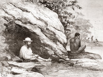 جول كريفاو ، أثناء استكشافه لغويانا الفرنسية عام 1878 ، في ظل صخرة على ضفاف نهر أويابوك أو نهر أويابوك بواسطة المدرسة الاسبانية