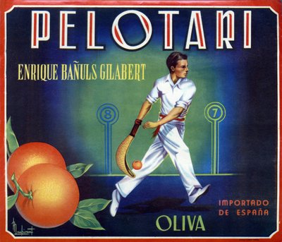 ملصق للبرتقال "Pelotari" من إنتاج Oliva في فالنسيا ، إسبانيا. رسم توضيحي للاعب كرة الباسك ، القرن العشرين. بواسطة المدرسة الاسبانية