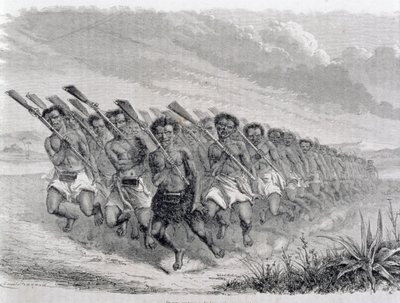 محاربو الماوري يؤدون رقصة حرب ، توضيح من "العودة إلى العالم" (النقش) بواسطة المدرسة الاسبانية