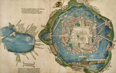 خريطة تينوختيتلان وخليج المكسيك ، من Praeclara Ferdinadi Cortesii de Nova maris Oceani Hyspania Narratio بواسطة Hernando Cortes (1485-1547) 1524 بواسطة المدرسة الاسبانية