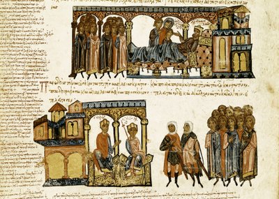 صورة مصغرة من "Synopsis historyiarum" أو "Byzantine Chronicles" (تواريخ الملوك البيزنطيين والأحداث من 811 إلى 1057) بواسطة John (Johannes أو John) Scylitza (أو Skylitzes أو Scylitzae) (القرنين 11 و 12) بواسطة المدرسة الاسبانية
