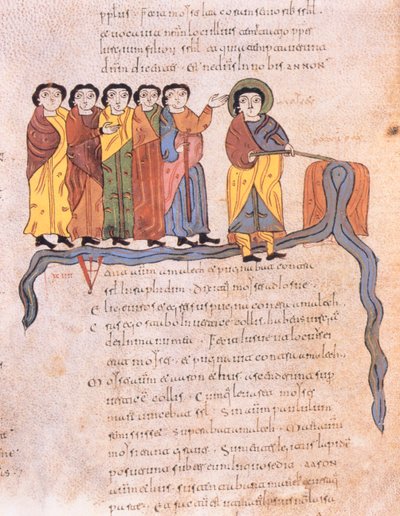 موسى يجعل تدفق المياه من الصخور في حوريب ، خروج 17 1-7 ، من الكتاب المقدس القوطية الموزارابية للقديس إيسيدوريس ، ص. 40v ، 960 م (درجة حرارة على الرق) بواسطة المدرسة الاسبانية