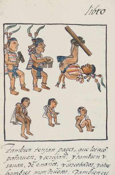 السيدة بالات. 218-220 كتاب IX Aztec للترفيه والموسيقيين واللاعبين الحدباء ، من مخطوطة فلورنسا بقلم برناردينو دي ساهاجون ، c.1540-85 بواسطة المدرسة الاسبانية
