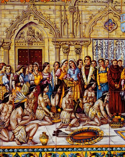 جلب الأمريكيون الأصليون حاشية كولومبوس إلى إسبانيا عام 1492 (خزفي) بواسطة المدرسة الاسبانية