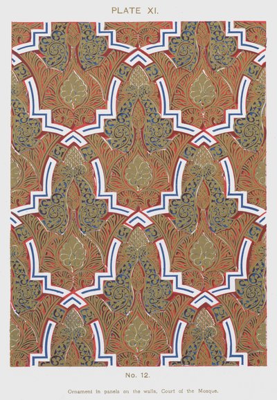 Ornament in panels on the walls, Court of the Mosque (colour litho) بواسطة المدرسة الاسبانية