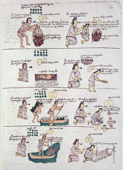 صفحة من Codex Mendoza ، تظهر الانضباط والأعمال المنزلية المخصصة للأطفال ، المكسيك ، c.1541-42 بواسطة المدرسة الاسبانية