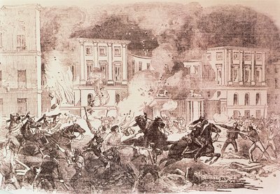 الانتفاضات الشعبوية في مدريد ، المشاغبون يحاولون إشعال النار في قصر الملكة ماريا كريستينا عام 1854 (ليتو) بواسطة المدرسة الاسبانية