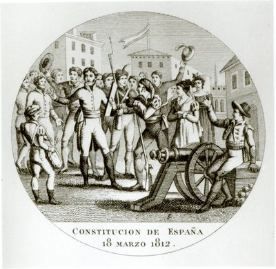 إعلان الدستور الليبرالي في 18 مارس 1812 ، من قبل الوطنيين ، الذي أصدره الكورتس في قادس بواسطة المدرسة الاسبانية