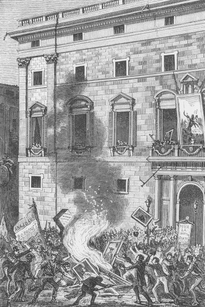 شعب برشلونة يحرقون صور البوربون ، 1868 (النقش) بواسطة المدرسة الاسبانية