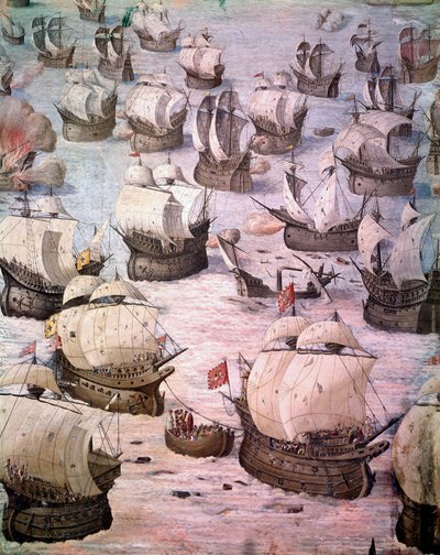 سباق القوارب الشراعية الإسبانية خلال رحلة استكشافية إلى Acores في 1582 بقيادة فيليب الثاني (1527-1598) ، ملك إسبانيا. 16th جصية. قاعة المعارك ، قصر الإسكوريال ، مدريد. بواسطة المدرسة الاسبانية