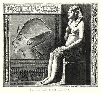 تمثال جالس وإغاثة للفرعون المصري القديم أخناتون (أمنحتب الرابع) (ليثو) بواسطة المدرسة الاسبانية