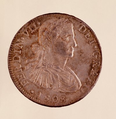 عملة فضية (8 ريالات) من إسبانيا: عهد فرديناند السابع (فرديناندو) (1808-1833). 1808 ديم. 3.9 سم نابولي ، المتحف الأثري بواسطة المدرسة الاسبانية