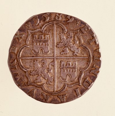 عملة فضية (8 ريالات) من إسبانيا: عهد فيليب (فيليبو أو فيليب) الثاني (1556-1598). 1589 ديم. 3،5 سم نابولي ، المتحف الأثري بواسطة المدرسة الاسبانية
