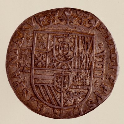 عملة فضية (8 ريالات) من إسبانيا: عهد فيليب (فيليبو أو فيليب) الثاني (1556-1598). 1589 ديم. 3،5 سم نابولي ، المتحف الأثري بواسطة المدرسة الاسبانية