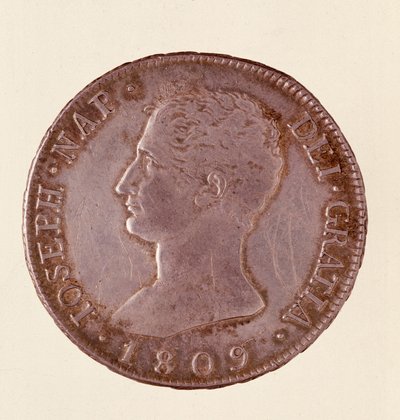 عملة فضية (دورو أو بياسترا) من إسبانيا: عهد جوزيف نابليون (1808-1813). 1809 ديم. 4 سم نابولي ، المتحف الأثري بواسطة المدرسة الاسبانية