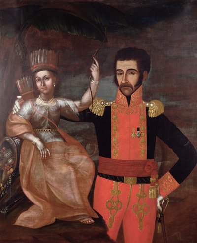 سيمون بوليفار (1783-1830) وامرأة أميركية أصلية بواسطة المدرسة الاسبانية