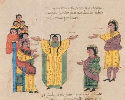 سوزانا والحكماء ، من الكتاب المقدس القوطي الموزارابيكي للقديس إيسيدوريس ، صفحة 324 ظ ، 960 م (درجة الحرارة على الرق) بواسطة المدرسة الاسبانية
