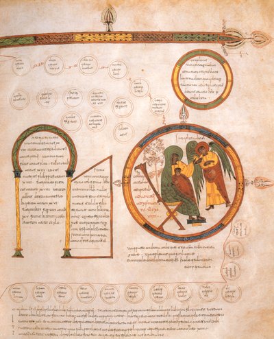 البشارة إلى مريم وعلم الأنساب من الكتاب المقدس القوطي والموزاربي للقديس إيسيدوريس ، ص .10 ص ، 960 م (درجة الحرارة على الرق) بواسطة المدرسة الاسبانية