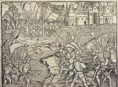 غزو ​​بيرو ، رسم توضيحي من "التاريخ العام للهند والعالم الجديد" بقلم فرانسيسكو لوبيز دي جومارا (مواليد 1510) 1554 (نقش) بواسطة المدرسة الاسبانية