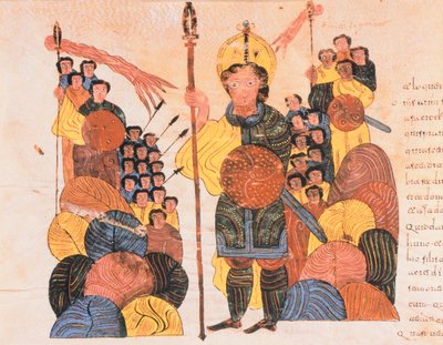 هزيمة جالوت ، من الكتاب المقدس القوطي والموزاربي للقديس إيسيدوريس ، الورقة ١١٨ ظ ، ٩٦٠ م (درجة الحرارة على الرق) بواسطة المدرسة الاسبانية