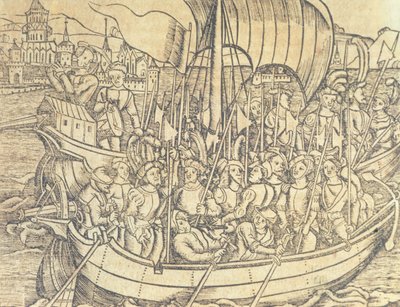 اكتشاف العالم الجديد بواسطة كريسوفر كولومبوس (1450-1596) رسم توضيحي من "التاريخ العام لجزر الهند والعالم الجديد" بقلم فرانسيسكو لوبيز دي جومارا (مواليد 1510) 1554 (نقش) بواسطة المدرسة الاسبانية
