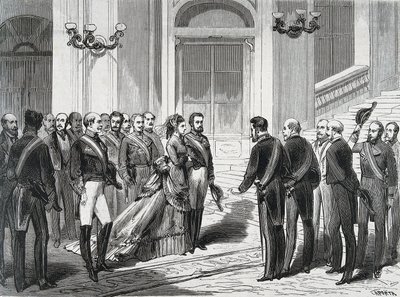 ملك إسبانيا أميدي الأول (أميديو فرديناندو ماريا دي سافويا) (1845-1890) وزوجته الملكة ماري فيكتوري دال بوزو ديلا سيستيرنا (1847-1876) عند وصولهما إلى القصر الملكي في مدريد في 19/03/1871. نقش من "" La Ilustracion Espanola y America بواسطة المدرسة الاسبانية