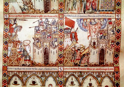 حاصر المسلمون مدينة مسيحية التفاصيل من صفحة واحدة مأخوذة من مخطوطة لأغنية القديسة مريم (Cantigas de Santa Maria) ، تزين المنمنمات المكرسة للقديسة مريم ومعجزاتها ، وهي مجموعة من الترانيم التي تعود إلى عهد ألفونس بواسطة المدرسة الاسبانية