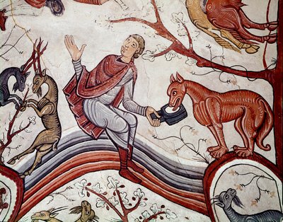 دورة الأشهر: إعلان الرعاة. تفاصيل لوحة جدارية تعود للقرن الثاني عشر من البانثيون الملكي لكوليجياتا سان إيسيدورو الملكية (الكلية الملكية للقديس إيزيدور). ليون. إسبانيا بواسطة المدرسة الاسبانية