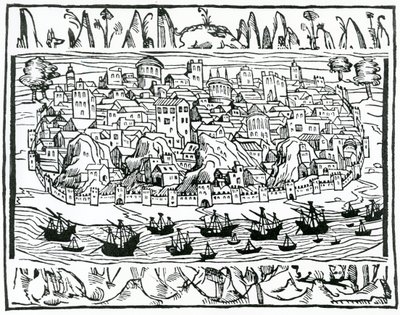 منظر لشبونة من Libro de Grandezas y cosas Memoralder de Espana بواسطة بيدرو مدينا ، 1548 بواسطة المدرسة الاسبانية
