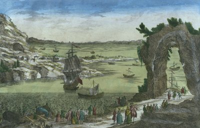منظر للهبوط الفرنسي لتأسيس مستعمرة جديدة في ميناء نيو كاين ، غيانا الفرنسية ، 1762 بواسطة المدرسة الاسبانية