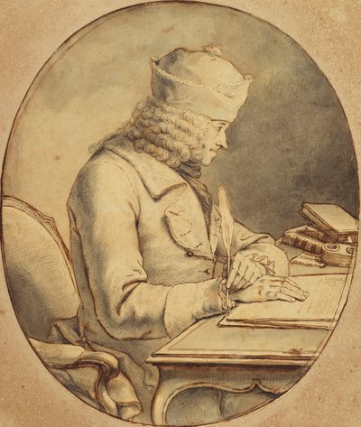 فولتير جالسًا على مكتب يرتدي قبعة ، في ملفه الشخصي على اليسار ، c.1765 بواسطة ستانيسلاس جان