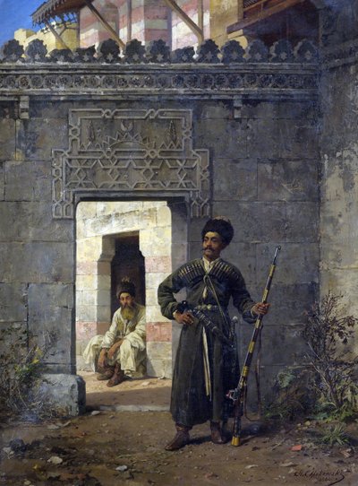 "Les Gardes tcherkesses" (الحراس الشركس) peinture de Stanislav Khlebovsky (Khlebovski) (1835-1884) - 1880 - ألوان زيتية على قماش خافت 55.5x41.2 سم مجموعة خاصة بواسطة Stanislaus von Chlebowski