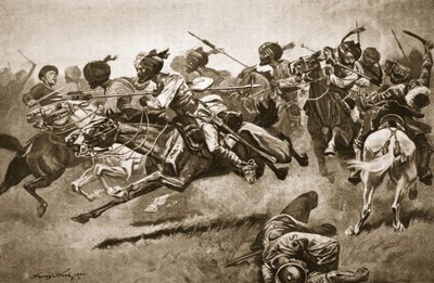 في الرحلة الاستكشافية إلى Pao-ting-fu: A charge of the Bengal Lancers ، رسم توضيحي من 'Battles of the Nineteenth Century: Vol. السابعة ، الحرب الصينية من 1900-1901 بقلم أرشيبالد فوربس وجا هينتي والرائد آرثر غريفيث (ليثو) بواسطة ستانلي ل (بعد) وود