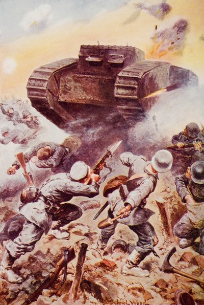 الدبابات في العمل ، رسم توضيحي من 'The Outline of History' بواسطة HG Wells ، المجلد الثاني ، نُشر في عام 1920 (لون ليثو) بواسطة ستانلي ل (بعد) وود