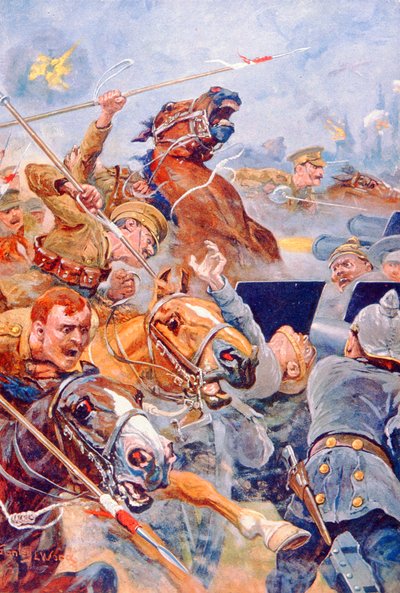 The Charge of the 9th Lancers during the Retreat from Mons (colour litho) بواسطة ستانلي ل (بعد) وود