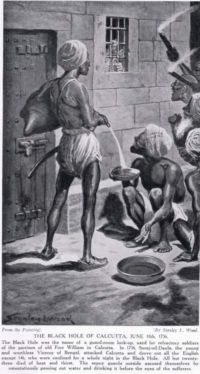الثقب الأسود ، حصن ويليام القديم ، 18 يونيو 1756 ، رسم توضيحي من "تاريخ الأمم في هاتشينسون" ، ج .1910 بواسطة ستانلي ل. وود