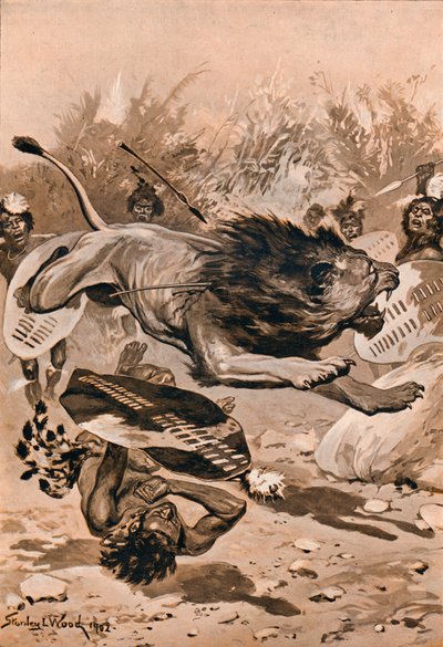 "As The Lion Charged" ، 1902 ، 1903 بواسطة ستانلي لويلين وود