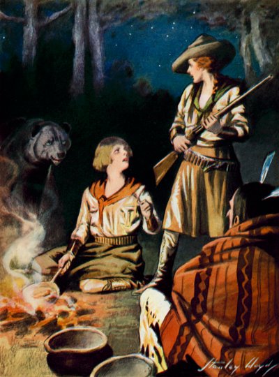 مشهد من فيلم "امتنان الدب العظيم": دب يقترب من نار المخيم (طباعة حجرية ملونة) بواسطة ستانلي لويد