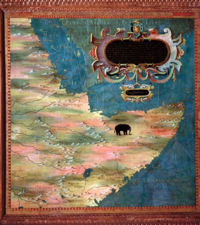 شرق إفريقيا (الصومال وإثيوبيا) خريطة رسمها ستيفانو بونسنيوري (؟ -1589) عالم الكونيات والرسام الإيطالي. حوالي 1581. فلورنسا ، بالازو فيكيو ، سالا ديل ماباموندو بواسطة ستيفانو بونسينيوري