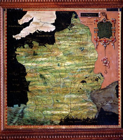 خريطة فرنسا رسمها ستيفانو بونسنيوري (؟ -1589) عالم الكونيات والرسام الإيطالي. حوالي 1581. فلورنسا ، بالازو فيكيو ، سالا ديل ماباموندو بواسطة ستيفانو بونسينيوري