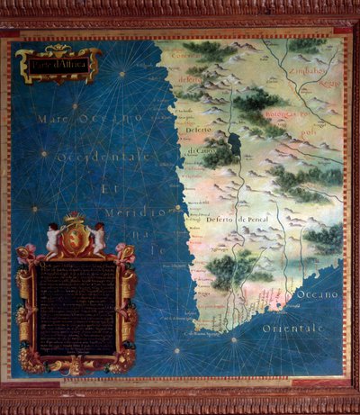 جنوب إفريقيا وخريطة رأس الترجي الصالح رسمها ستيفانو بونسنيوري (؟ -1589) عالم الكونيات والرسام الإيطالي. حوالي 1581. فلورنسا ، بالازو فيكيو ، سالا ديل ماباموندو بواسطة ستيفانو بونسينيوري