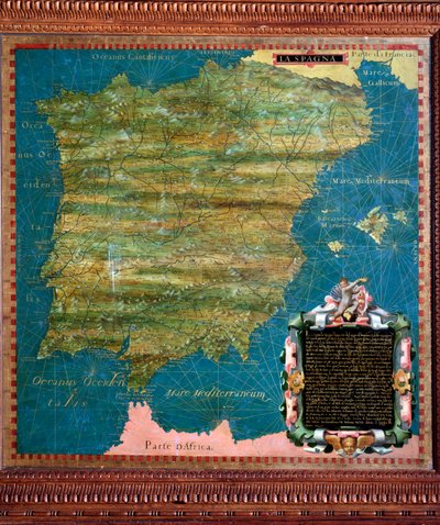 خريطة إسبانيا والبرتغال رسمها ستيفانو بونسنيوري (؟ -1589) عالم الكونيات والرسام الإيطالي. حوالي 1581. فلورنسا ، بالازو فيكيو ، سالا ديل ماباموندو بواسطة ستيفانو بونسينيوري