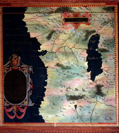 غرب إفريقيا (الكونغو وأنغولا) خريطة رسمها ستيفانو بونسنيوري (؟ -1589) عالم الكونيات والرسام الإيطالي. حوالي 1581. فلورنسا ، بالازو فيكيو ، سالا ديل ماباموندو بواسطة ستيفانو بونسينيوري