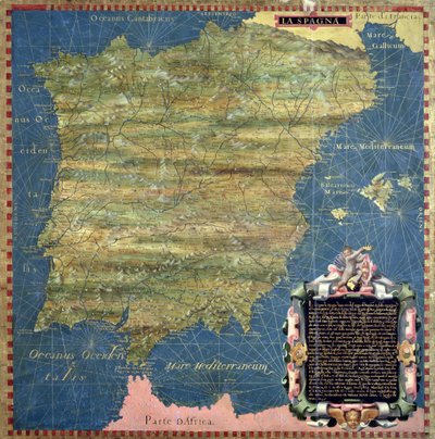 خريطة إسبانيا في القرن السادس عشر ، من "Sala delle Carte Geografiche" (قاعة الخرائط الجغرافية) 1575 (زيت على لوحة) بواسطة ستيفانو ودانتي إجنازيو بونسينوري