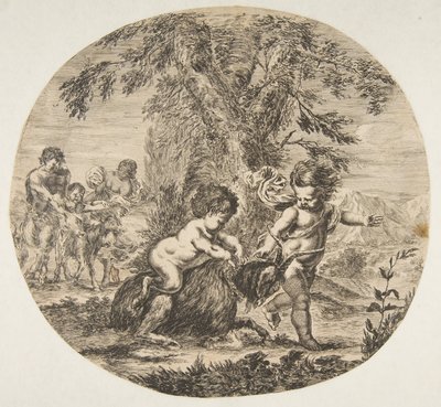 طفل وطفل مشبع يلعب مع ماعز ، كاليفورنيا. 1657. بواسطة ستيفانو ديلا بيلا