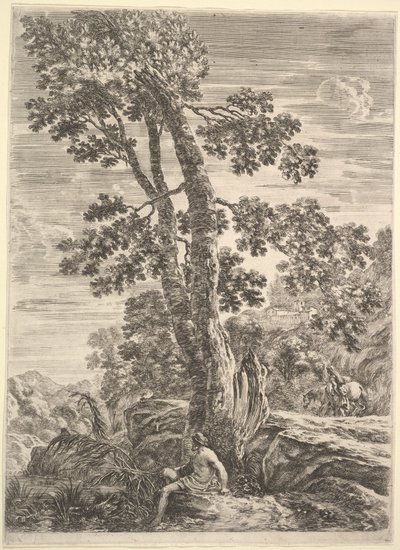 صياد في المركز يواجه اليسار ويميل ضد شجرة كبيرة ، امرأة تمشي ... ، كاليفورنيا. 1652-57. بواسطة ستيفانو ديلا بيلا