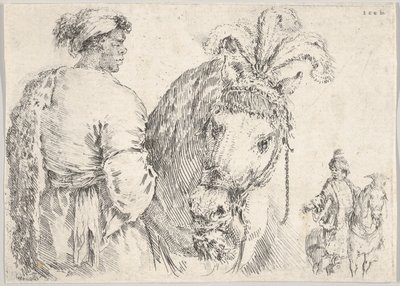رجل في الجانب الأيسر يعطي حفنة من التبن لحصان في المنتصف ، وفارس ل ... ، كاليفورنيا. 1662. بواسطة ستيفانو ديلا بيلا